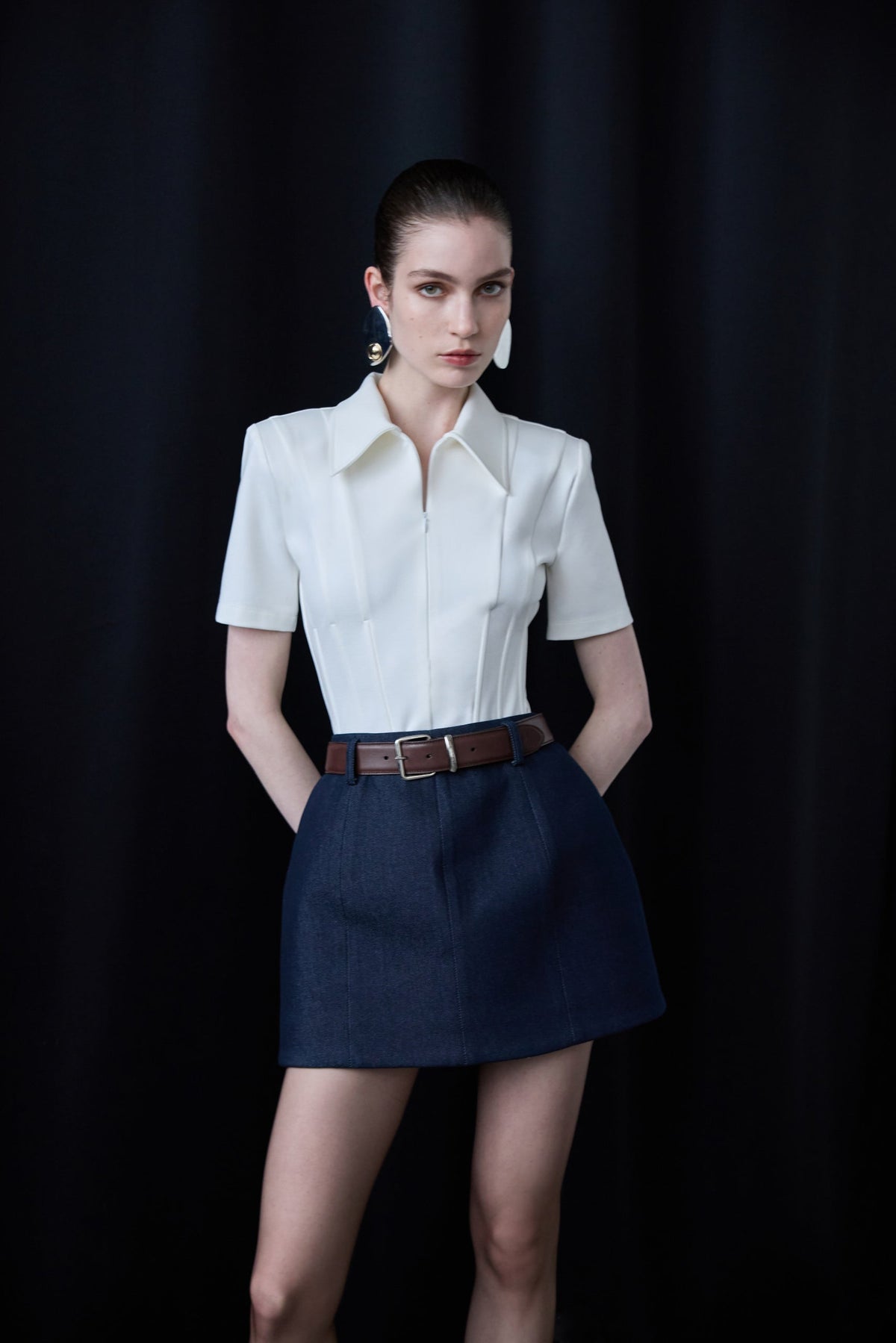 Kate-Polo Neck Corset Detailed T-Shirt in White