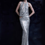 Lone-Cowl Neck Cut Out Detailed Silver Sequin Maxi Dress in Silver Sequin