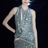 Lone-Cowl Neck Cut Out Detailed Silver Sequin Maxi Dress in Silver Sequin