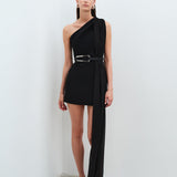 Mery - One-Shoulder Mini Dress With See Through Cape Detail in Black