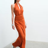 Tina - V-Neck Satin Dress With Tuxedo Belt Detail in Terracotta