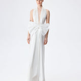 Danielle-V-Neck Satin Maxi Dress With Bow Belt Detail