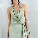 Este-Cowl Neck Satin Mini Dress With Beaded Fringe Belt Detail in Sea Green