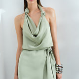 Este - Cowl Neck Satin Mini Dress With Beaded Fringe Belt Detail