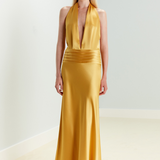 Trisha- V-Neck Satin Dress With Tuxedo Belt Detail