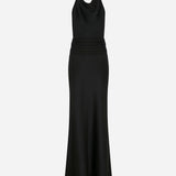 Sidney-Draped High Neck Bias Cut Satin Maxi Dress With Tuxedo Belt in Black
