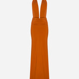 Tina - V-Neck Satin Dress With Tuxedo Belt Detail in Terracotta