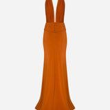 Tina - V-Neck Satin Dress With Tuxedo Belt Detail in Terracotta
