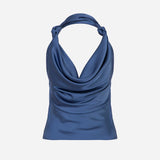 Ria - Cowl Neck Satin Blouse in Navy Blue