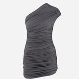 Teresa-Draped One-Shoulder Mini Jersey Dress in Grey