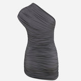 Teresa-Draped One-Shoulder Mini Jersey Dress in Grey
