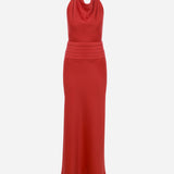 Sidney - Draped High Neck Bias Cut Satin Maxi Dress With Tuxedo Belt in Red