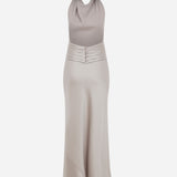 Sidney - Draped High Neck Bias Cut Satin Maxi Dress With Tuxedo Belt in Silver