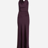 Sidney - Draped High Neck Bias Cut Satin Maxi Dress With Tuxedo Belt in Burgundy