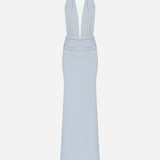 Tina - V-Neck Satin Dress With Tuxedo Belt Detail in Blue