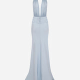 Tina - V-Neck Satin Dress With Tuxedo Belt Detail in Blue