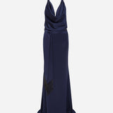 Ria - Cowl Neck Satin Maxi Dress with Beaded Fringe Belt Detail