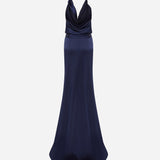 Ria - Cowl Neck Satin Maxi Dress with Beaded Fringe Belt Detail