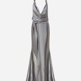Ria - Cowl Neck Satin Maxi Dress with Beaded Fringe Belt Detail in Silver