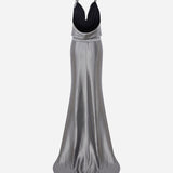 Ria - Cowl Neck Satin Maxi Dress with Beaded Fringe Belt Detail in Silver