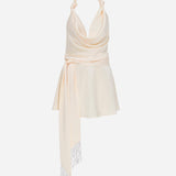 Este-Cowl Neck Satin Mini Dress With Beaded Fringe Belt Detail in Champagne