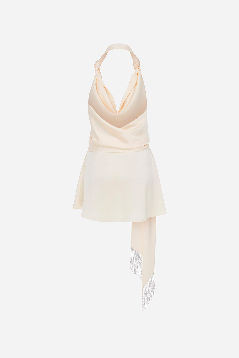 Este-Cowl Neck Satin Mini Dress With Beaded Fringe Belt Detail in Champagne