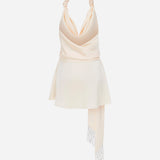 Este-Cowl Neck Satin Mini Dress With Beaded Fringe Belt Detail in Champagne