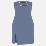 Samantha-Strapless Dress With Metal Front Detail in Blue