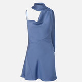 Linda-Asymmetrical Neckline Satin Mini Dress With Scarf Detail in Blue