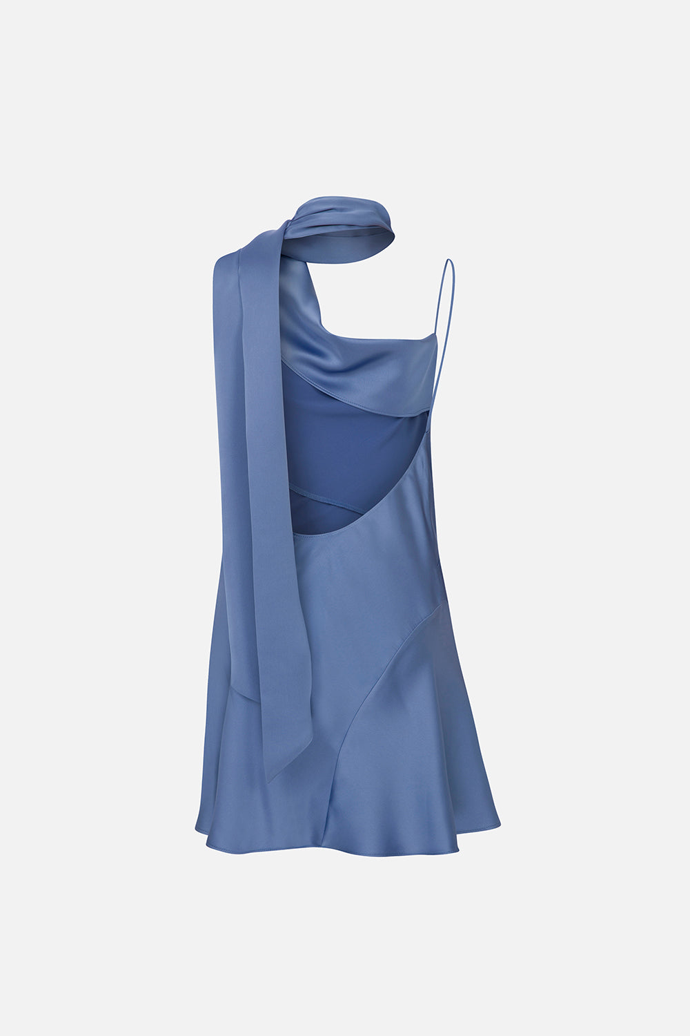 Linda-Asymmetrical Neckline Satin Mini Dress With Scarf Detail in Blue