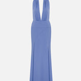 Tyra-V-Neck Satin Maxi Dress With Double Side Slits in Blue