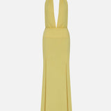 Tyra-V-Neck Satin Maxi Dress With Double Side Slits in Yellow