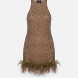 Ilia Silk Sequin Mini Dress with Feather Trim in Brown Sequin