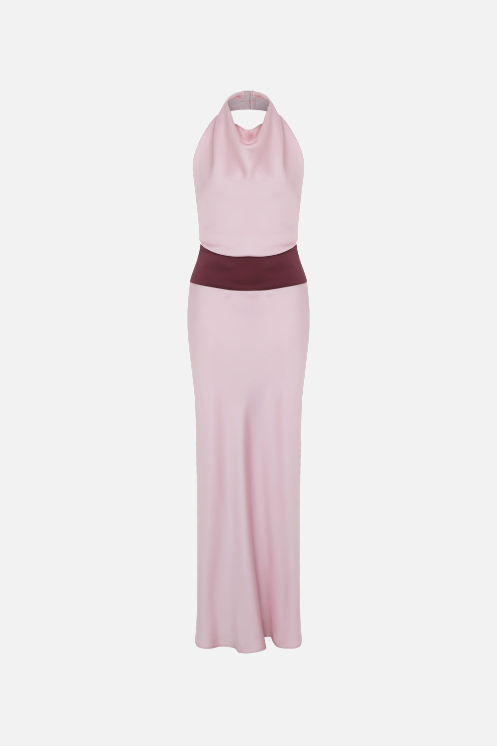 Sandra-Draped High-Neck-Color-Block Satin Maxi Dress in Pink