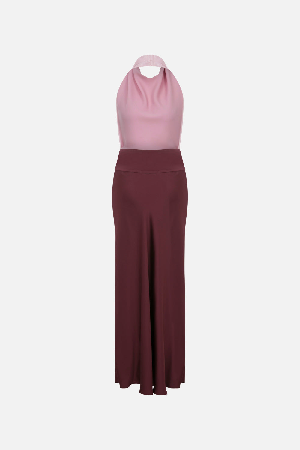 Sandra-Draped High-Neck-Color-Block Satin Maxi Dress in Pink