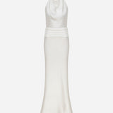 Sidney - Draped High Neck Bias Cut Satin Maxi Dress With Tuxedo Belt in White
