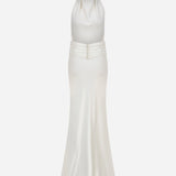 Sidney - Draped High Neck Bias Cut Satin Maxi Dress With Tuxedo Belt in White