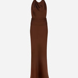 Sidney - Draped High Neck Bias Cut Satin Maxi Dress With Tuxedo Belt in Brown