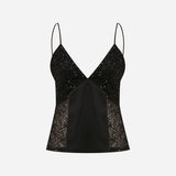 Lena-V-Neck Satin Blouse Wiith Beaded Neckline And Side Details in Black