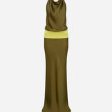Sandra-Draped High-Neck-Color-Block Satin Maxi Dress