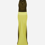 Sandra-Draped High-Neck-Color-Block Satin Maxi Dress