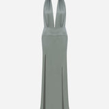 Tyra-V-Neck Satin Maxi Dress With Double Side Slits in Sea Green