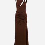 Amore-Ruched Jersey Maxi Dress With Slit And Accessory Detail in Brown