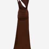 Amore-Ruched Jersey Maxi Dress With Slit And Accessory Detail in Brown