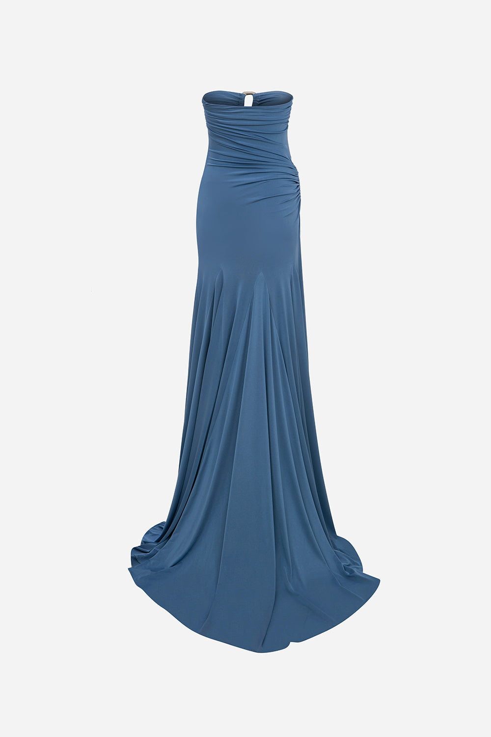 Clara-Strapless Jersey Maxi Dress With Ruhed Tail And Multiple Buckle Details in Blue