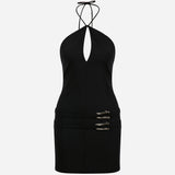 Kaia-Double Belt Triangle-Neck Mini Dress in Black
