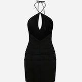 Kaia-Double Belt Triangle-Neck Mini Dress in Black