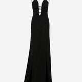 Donna-V-Neck Chiffon Maxi Dress With Metal Accessory Detail