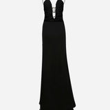 Donna-V-Neck Chiffon Maxi Dress With Metal Accessory Detail