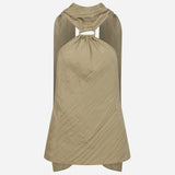 Kae-Open-Back Crinkle Top With Accessory Detail in Khaki
